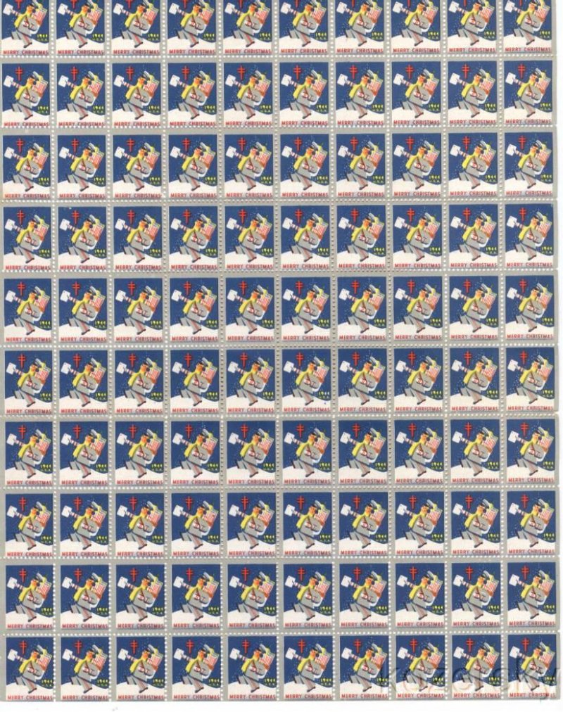 1944-4xC, WX119, 1944 U.S. National Christmas Seals, strong pm U, Sheet/100 