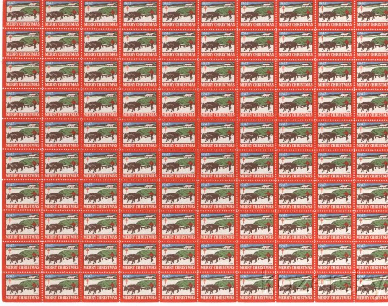 1947-3.3x, WX136, 1947 U.S. National Christmas Seals Sheet, pm D, vermillion