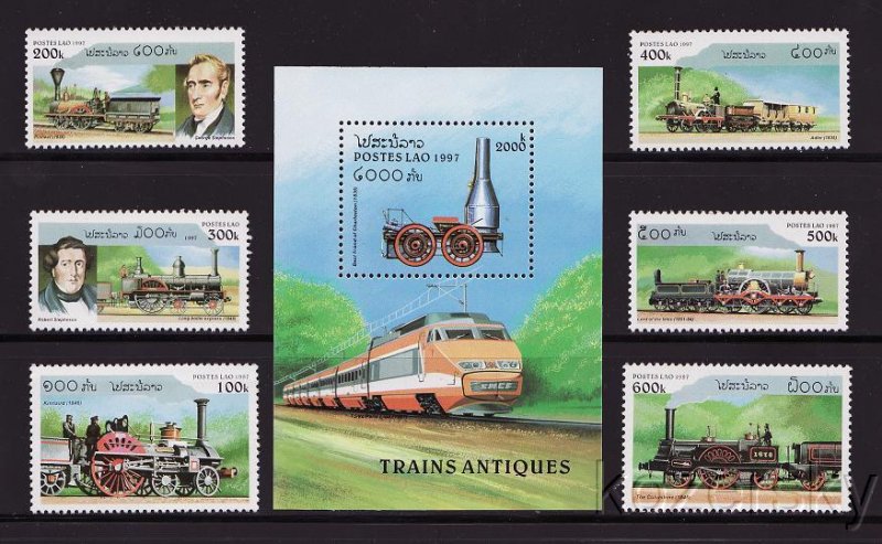 Laos 1305-11, Laos Steam Locomotive Stamps, Antique Trains, S/S, MNH