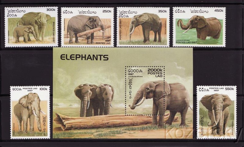 Laos 1329-35, Elephants, Stamps + S/S, MNH