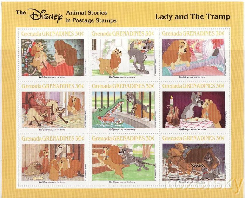 Grenada Grenadines 990a-i, Disney Lady and the Tramp Stamps, Sheet of 9 stamps