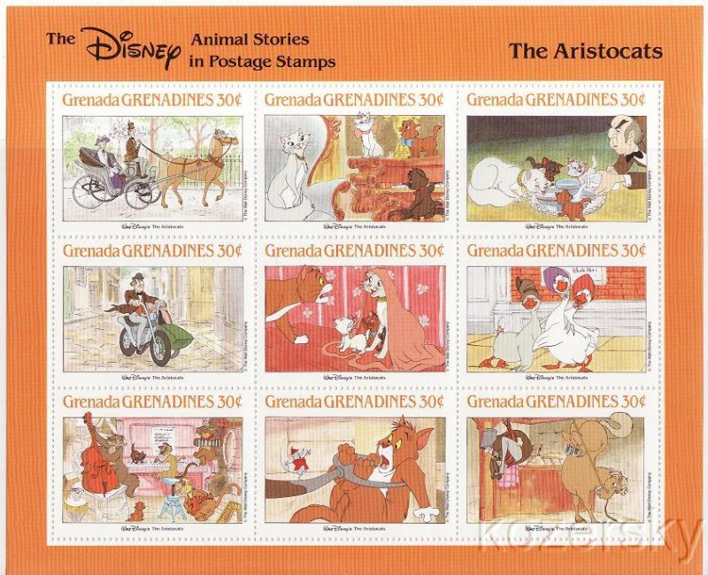 Grenada Grenadines 991a-i, Disney The Aristocats Stamps, Sheet of 9 stamps