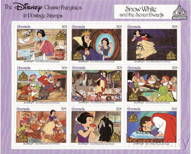 Grenada 1540a-i, Disney Snow White and the Seven Dwarfs Stamps Sheet
