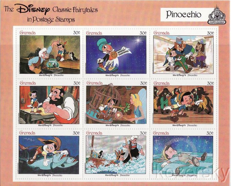 Grenada 1543a-i, Disney Pinocchio Stamps Sheet