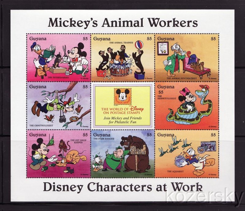 Guyana 2917a-i, Disney Mickey's Animal Workers Stamps, Sheet of 8 stamps