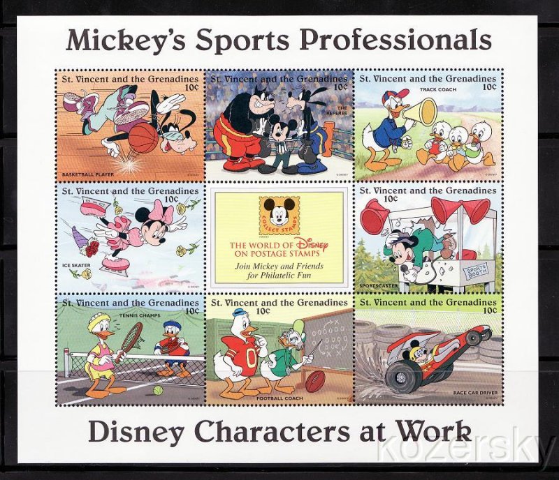 St. Vincent 2250a-i, Disney Mickeys Sport Professionals Stamps Sheet of 8 stamps
