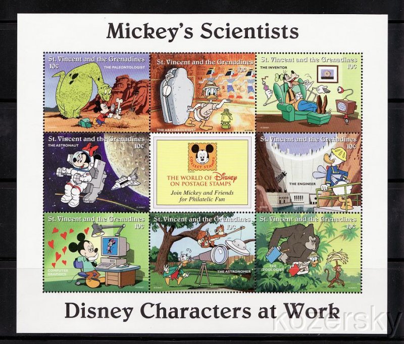 St. Vincent 2251a-i, Disney Mickey's Scientists Stamps, Sheet of 8 stamps