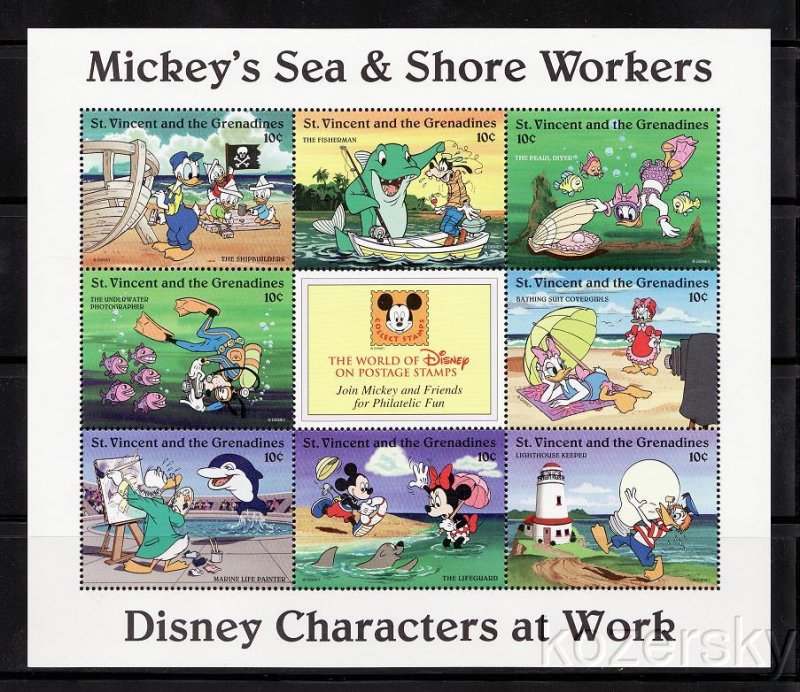 St. Vincent 2253a-i, Disney Mickeys Sea & Shore Workers Stamps Sheet of 8 stamps