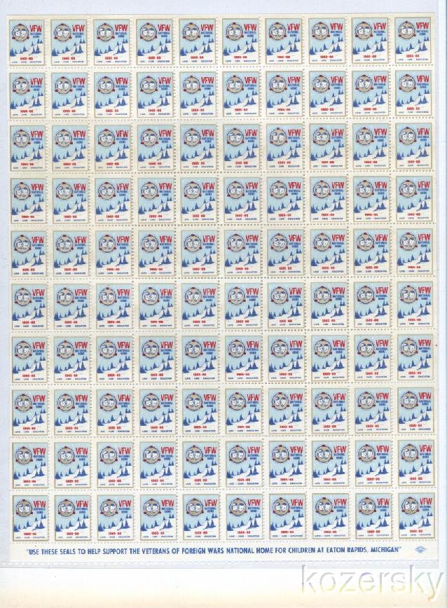 VFW 960A.30x, 1965 VFW National Home Charity Seals, Sheet of 100 seals