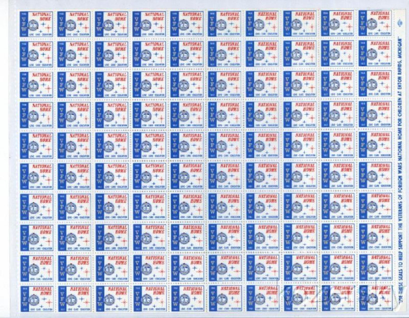 VFW 960A.31x, 1966 VFW National Home Charity Seals, Sheet of 100 seals