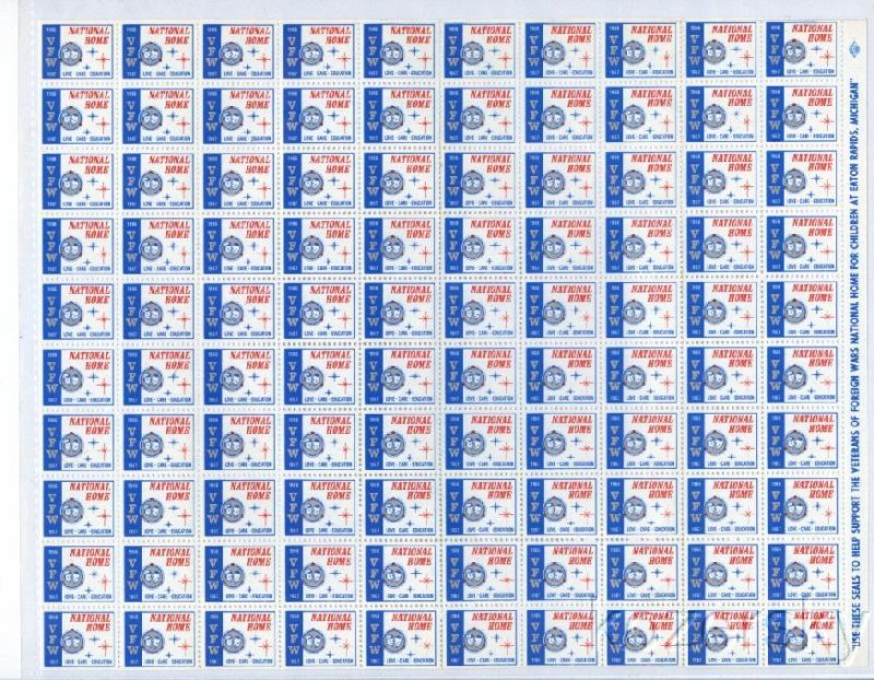 VFW 960A.31x, 1966 VFW National Home Charity Seals, Sheet of 100 seals
