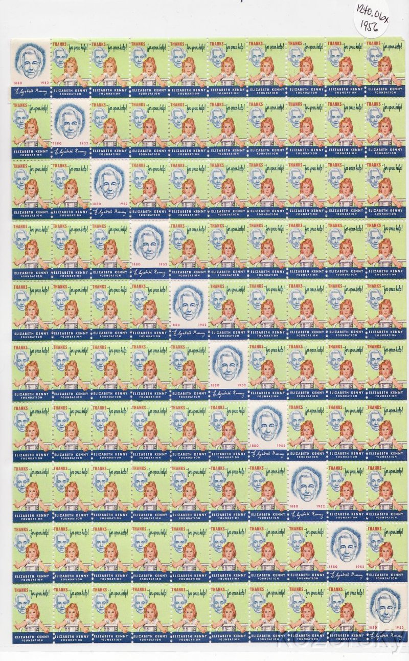 Sister Kenny 1240.06b2x, 1956 Sister Kenny Charity Seals, Sheet/100, NH