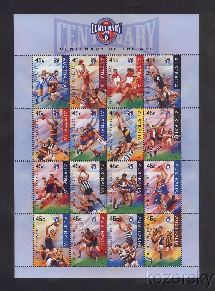 Australia 1507a, Australia Centenary of AFL, Football Stamps, Sheet/16, NH