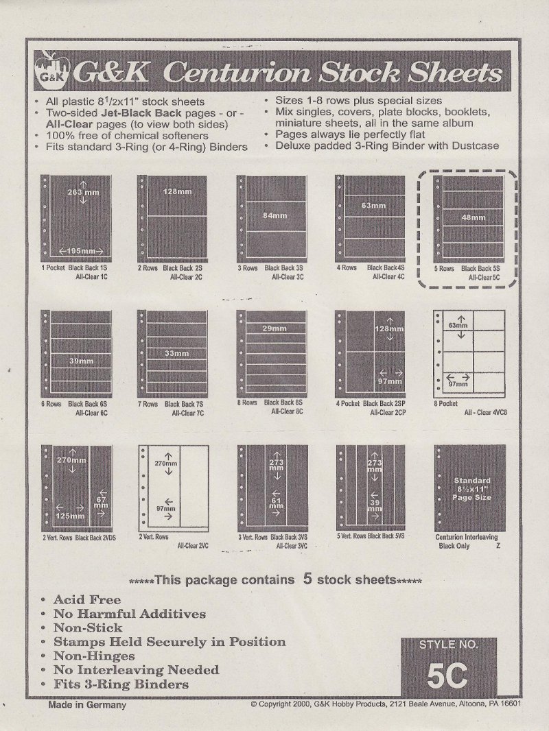 G&K Centurion Stamp Stock Sheets, 5 Row Clear
