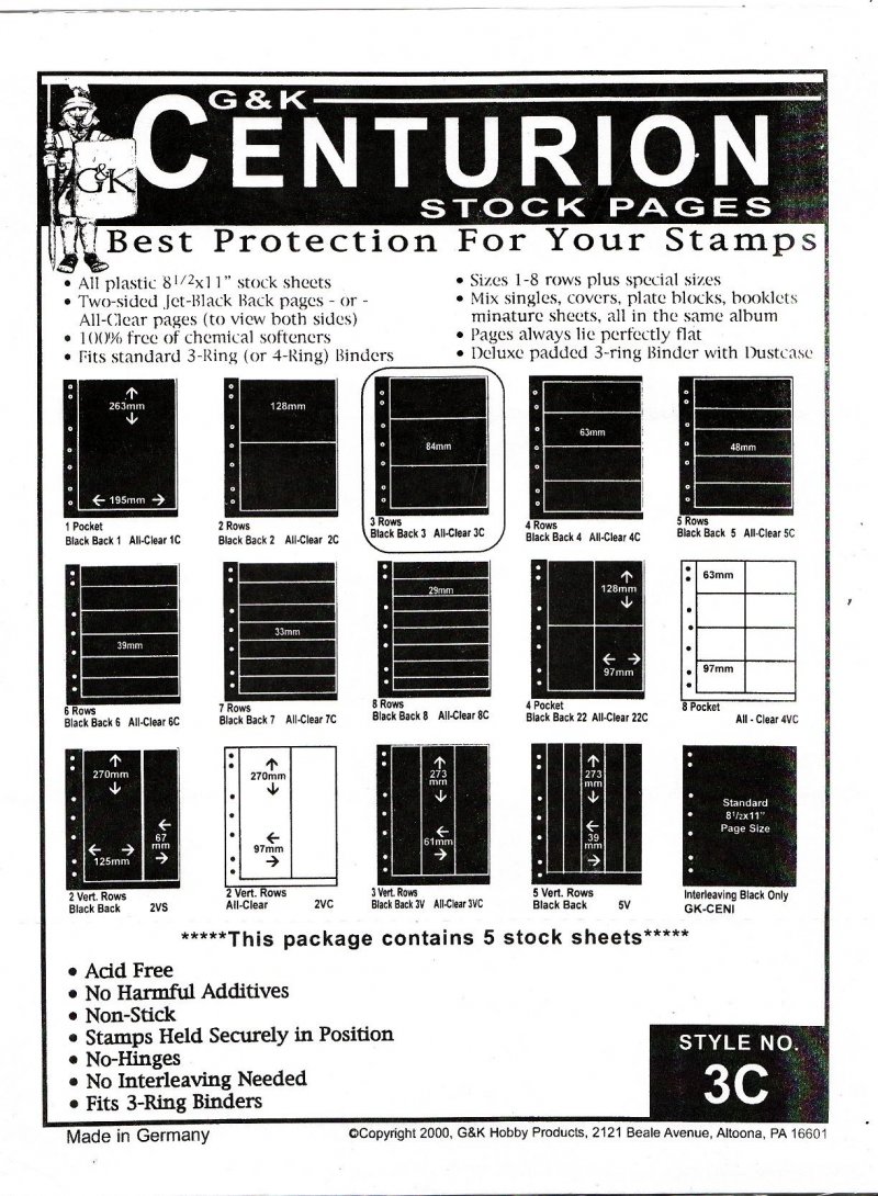 G&K Centurion Stamp Stock Sheets, 3 Row Clear