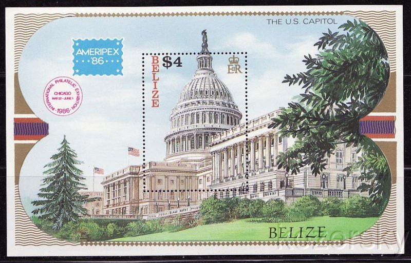 Belize  822, Ameripex 86, Capitol Building, S/S, MNH