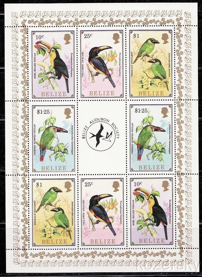 Belize  843-50, Toucans Stamps, Audobon Emblem, Sheet/9, MNH
