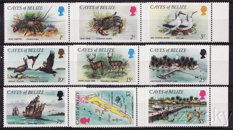 Cayes of Belize  1-9, Lobster, Crab, Birds, Lighthouse, Map, Windsurfing, MNH