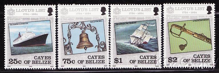 Cayes of Belize 10-13, Lloyd's List Issue, Loss of Fishburn, Lutine Bell, MNH