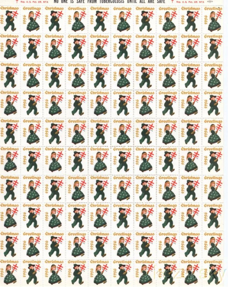 1956-1.1xA, 1956 U.S. Christmas TB Seals, Sheet/100, pm E, MNH