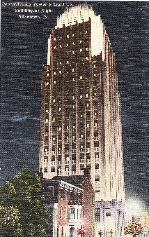 Pennsylvania Power and Light Co. Building and Night, Allentown, Pennsylvania. Linen Postcard