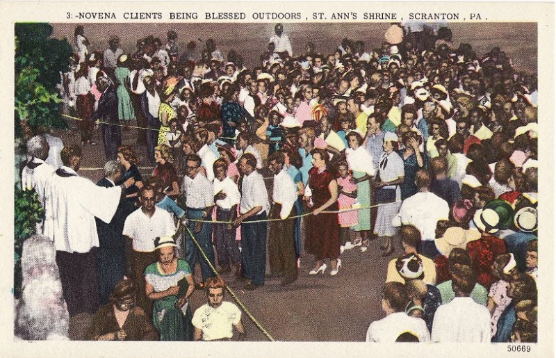 St. Ann's Shrine, Novena Clients being blessed outdoors, Linen Postcard