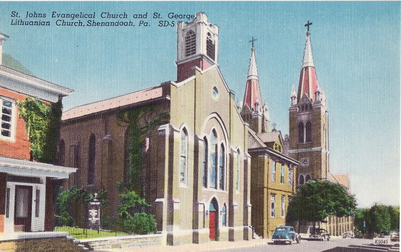 St. Johns Evangelical Church and St. George Lithuanian Church. Shenandoah, Pennsylvania. Linen Postcard