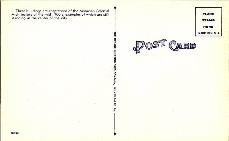 Archives Building and Colonial Hall Dormitory, Moravian College, Bethlehem, Pennsylvania. Linen Postcard, back of postcard.