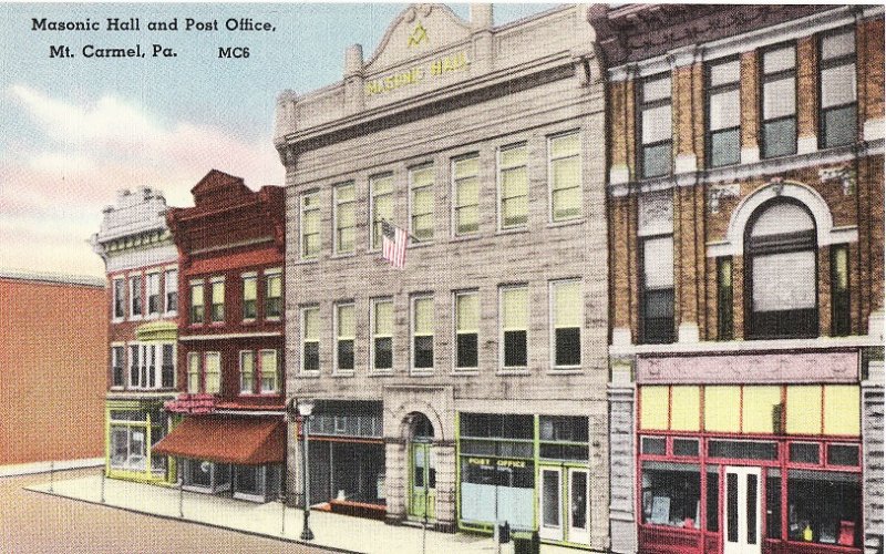 Masonic Hall and Post Office. Mt. Carmel, Pennsylvania.  Linen Postcard