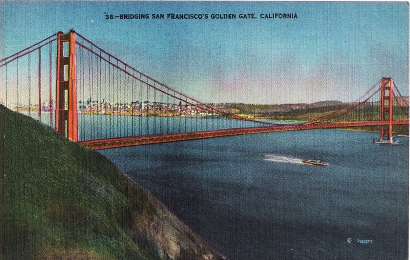Bridging San Francisco's Golden Gate, California.  Linen Postcard