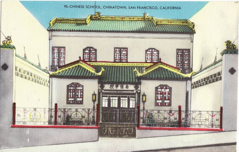 Chinese School, Chinatown.  Linen Postcard