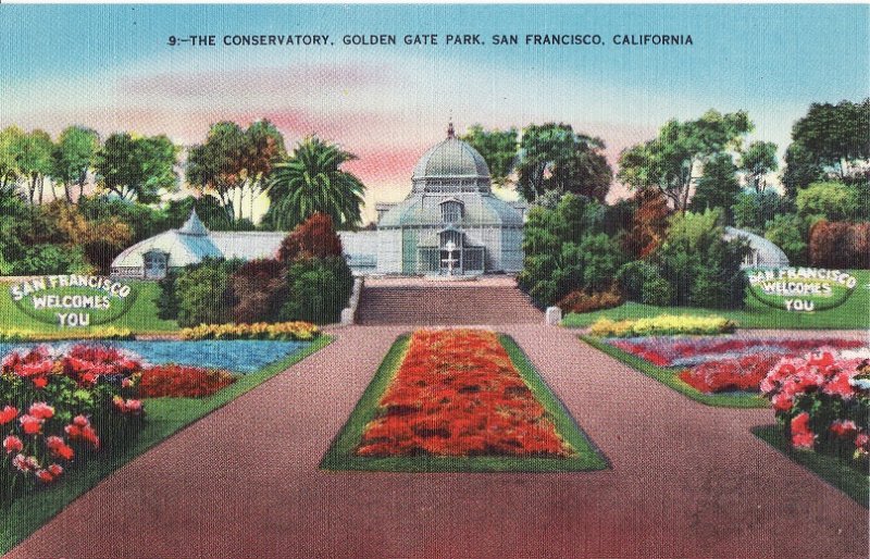 The Conservatory, Golden Gate Park, San Francisco, CA.  Linen Postcard.