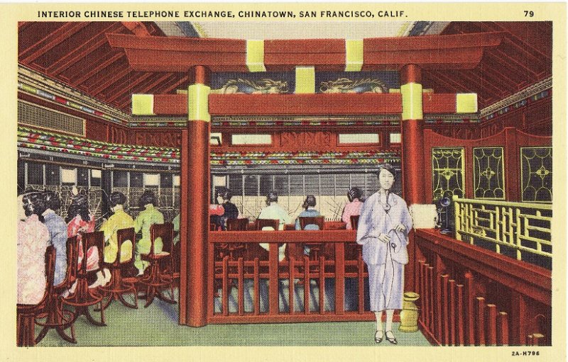 Interior Chinese Telephone Exchange, Chinatown. Linen Postcard.