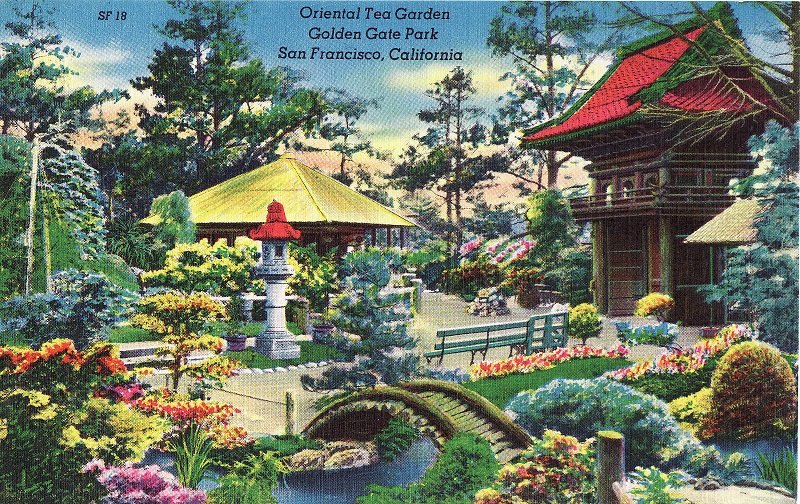 Oriental Tea Garden.  Golden Gate Park. San Francisco, CA.  Linen Postcard