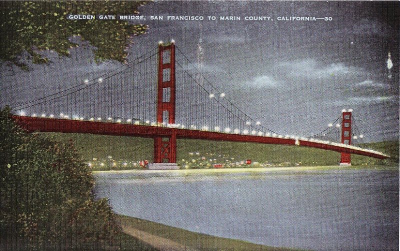Golden Gate Bridge San Francisco to Marin County at Night.  Linen Postcard.