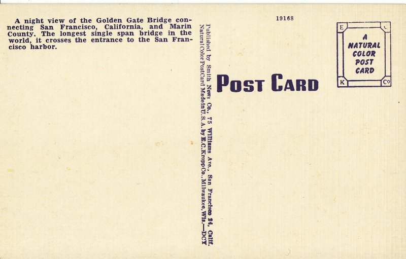 Golden Gate Bridge. San Francisco to Marin County at Night. San Francisco, CA. Linen Postcard, back of postcard.