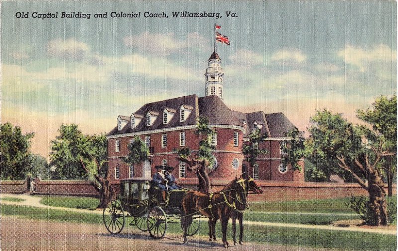 Old Capital Building and Colonial Coach. Williamsburg, Virginia. Linen Postcard.