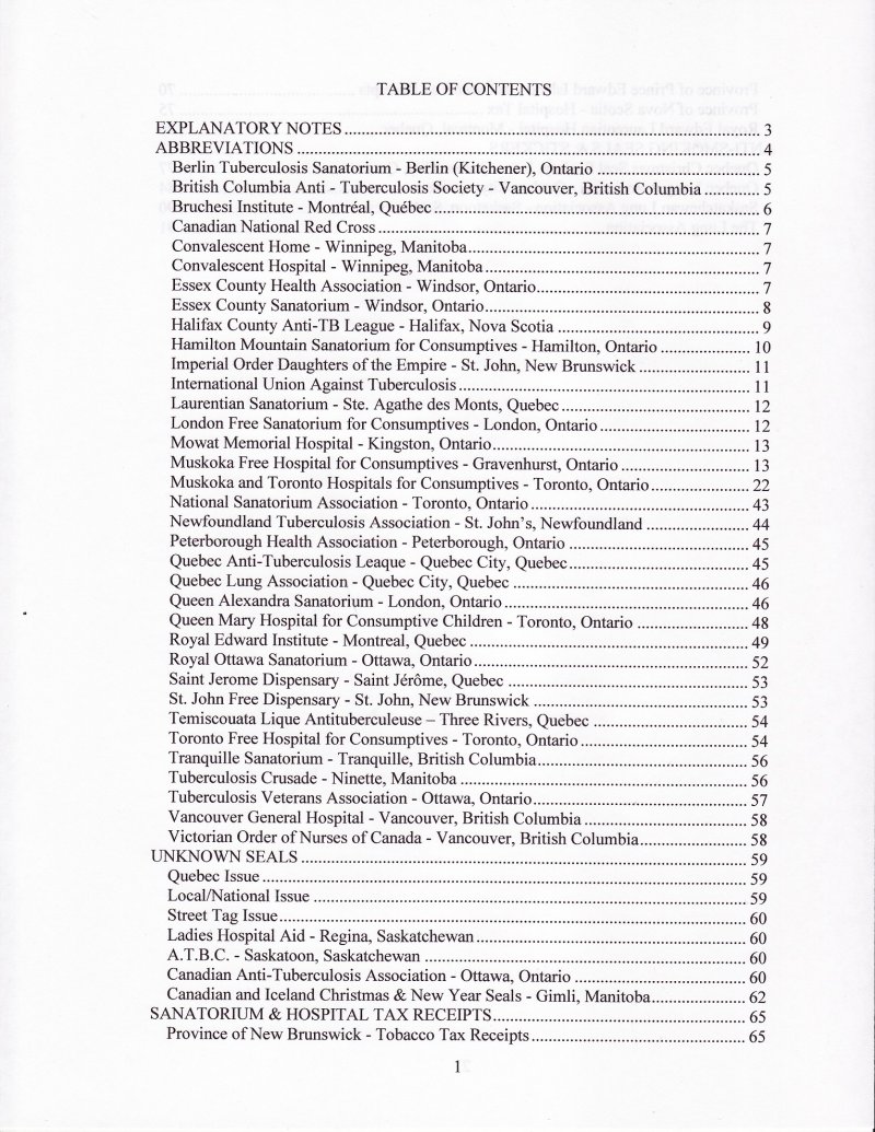 Green's Catalog, Canadian Local and Provincial TB Seals, 2007 ed., Table of Contents