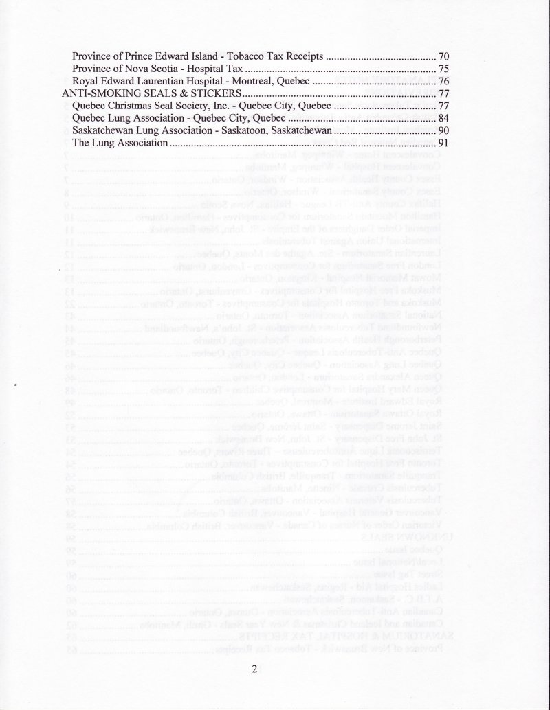 Green's Catalog, Canadian Local and Provincial TB Seals, 2007 ed., Table of Contents (continued)