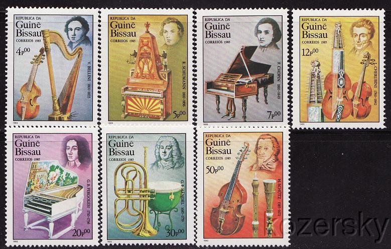 Guinea-Bissau  655-61, Composers, Musical Instruments, on stamps