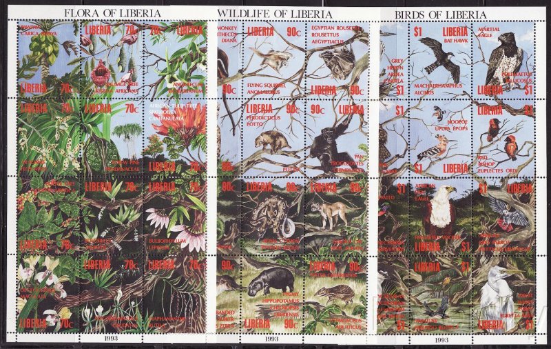 Liberia 1159-61, Flora, Fauna, Birds, Minature Sheets/12, MNH