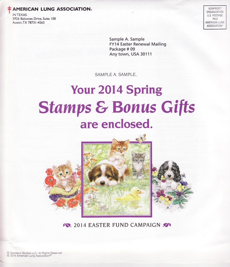 114-ST1.13pac, 2014 ALA Test Design U.S. Spring Charity Seal Easter Fund Packet