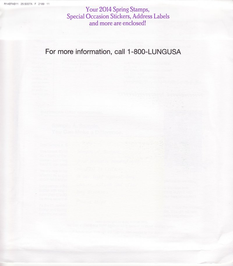114-ST3.13pac, 2014 ALA Test Design U.S. Spring Charity Seal Easter Fund Packet, reverse of envelope