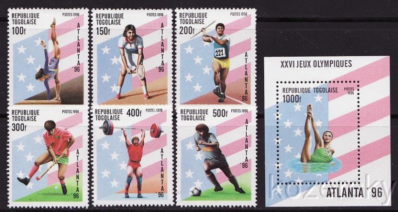 Togo 1695-1700, 1701, Women's Gymnastics, 1996 Olympics Stamps, MNH