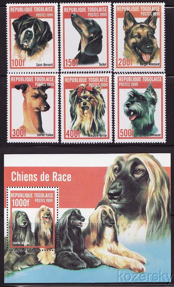 Togo 1911A-F, 1911G, Dogs Stamps, S/S, MNH