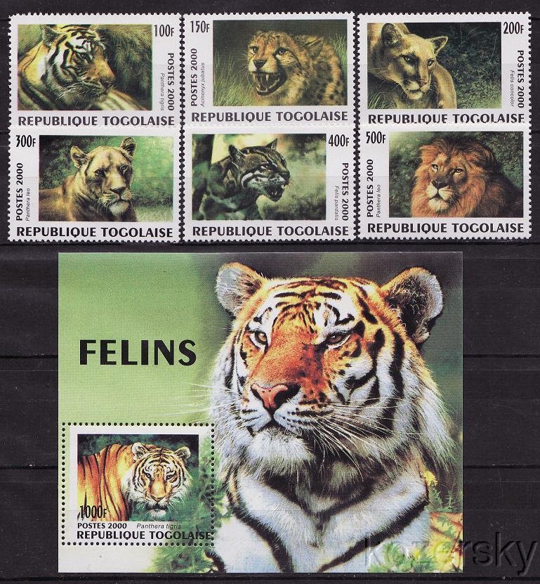Togo 1919-24, 1925, Wild Cats Stamps, S/S, MNH