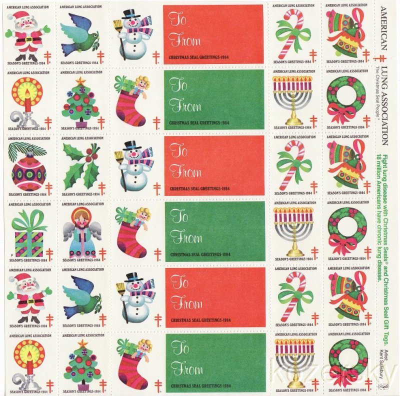 1984-2x2, 1984 U.S. Christmas TB Seals, pm F, Sheet/30, MNH