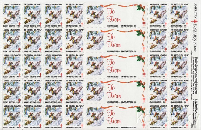 1989-2x2, 1989 U.S. Christmas TB Seals, pm F, Sheet/35, MNH