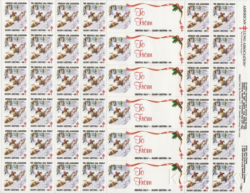 1989-2x1, 1989 U.S. Christmas TB Seals, pm F, Sheet/42, MNH