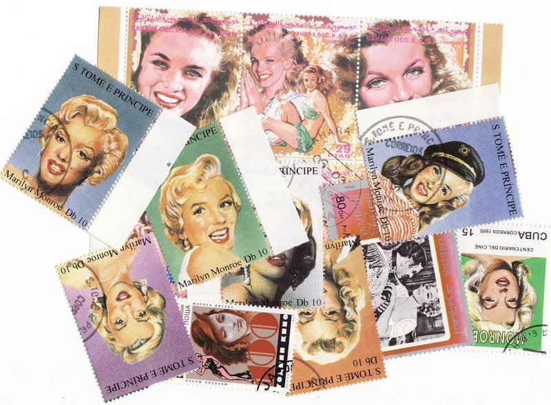  Marilyn Monroe on Stamps, Topical Stamp Packet, 15 different stamps